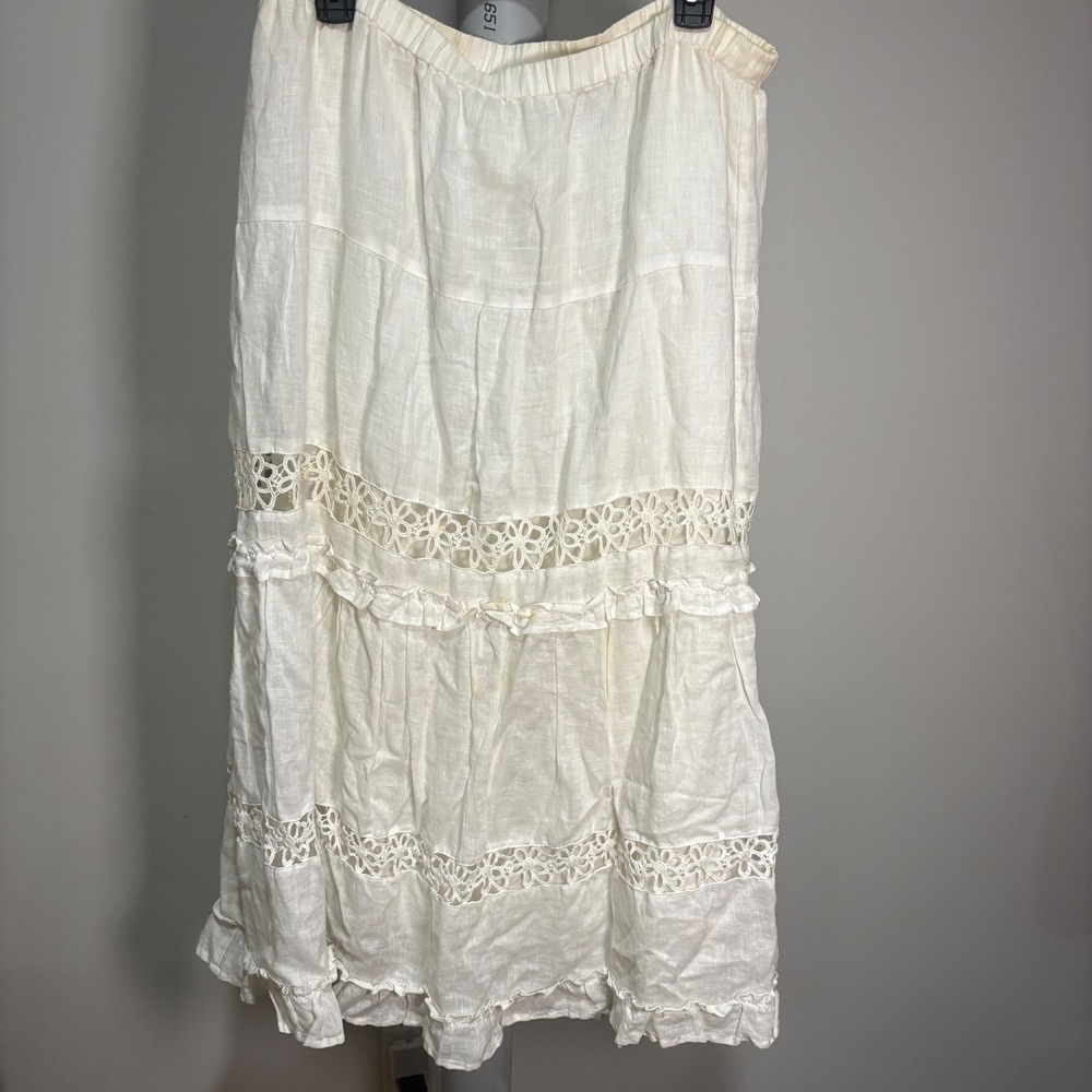Chicos White Linen Tiered Maxi Skirt Floral Crochet Lace Ruffle Boho Sz 2 (L)
